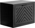 Kate and Laurel Mezzeta Modern Floating Shelf Side Table with Storage Cubby; 16 x 10 x 12; Black; Decorative Slatted Wood Floating Nightstand with Pull Down Door for Use as Bathroom Storage