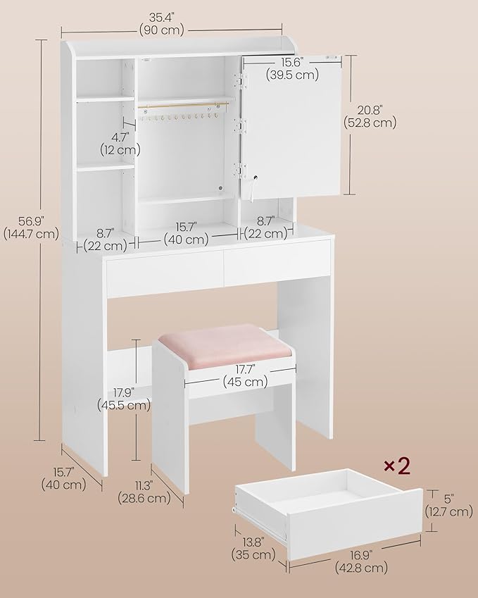 VASAGLE Vanity Desk with Mirror and Lights, Makeup Vanity with Upholstered Vanity Stool, Dimmable LED Lights, Adjustable Shelves, 7 Compartments, 2 Drawers, for Bedroom, Cloud White URDT131W01