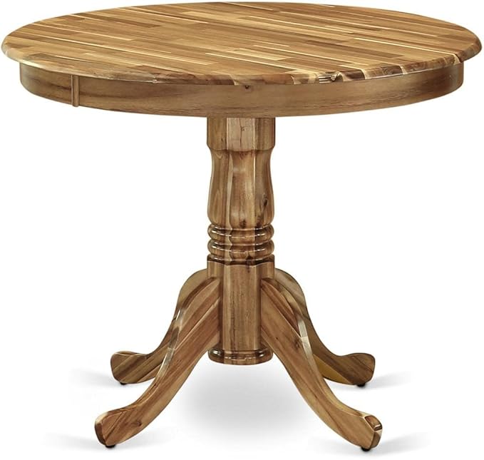 East West Furniture ANFL5-ANA-04 5 Piece Kitchen Table Set for 4 Includes a Round Dining Room Table with Pedestal and 4 Light Tan Linen Fabric Parson Dining Chairs, 36x36 Inch, Natural