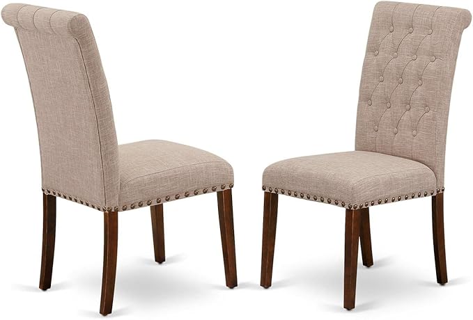 East West Furniture DLBR5-MAH-04 5 Piece Dining Room Furniture Set Includes a Round Dining Table with Dropleaf and 4 Light Tan Linen Fabric Upholstered Chairs, 42x42 Inch, Mahogany