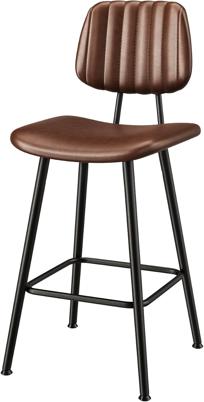 24-Inch Leather Bar Stools, Counter Height Barstools with High Backrest，Bar Chairs for Kitchen Island with Heavy Duty Metal Legs, Dark Brown