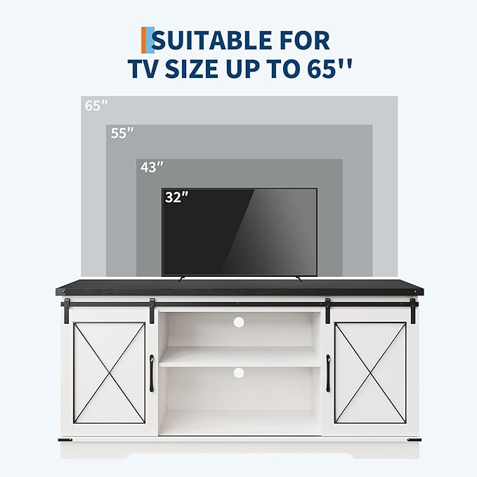 IDEALHOUSE Farmhouse TV Stand and Entertainment Center for Tv up to 65 inches with Sliding Barn Doors and Adjustable Shelf, Tv Media Console Table with Storage Cabinet for Living Room, White & Black