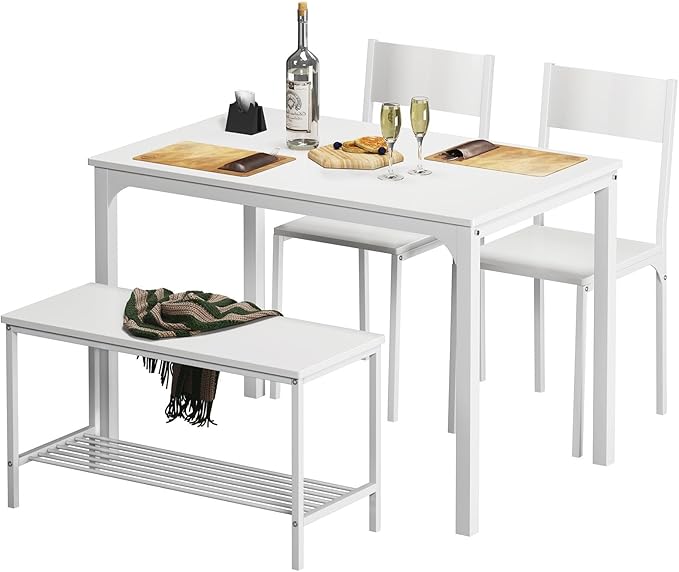 soges 4 Person Dining Table Set,43.3 inch Kitchen Table Set for 4,2 Chairs with Backrest,2-Person Bench with Storage, White Rack,Nesting Furniture Set for Dining Room and Restaurant, White