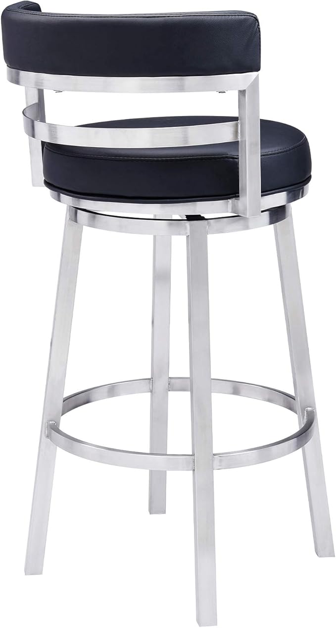 Armen Living Titana 30" Bar Height Swivel Black Faux Leather and Brushed Stainless Steel Bar Stool