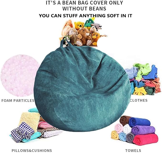 Kisoy Bean Bag Chair Cover (No Filler) Stuffed Animal Storage Bean Bag Cover Pets Dogs/Cats Lazy Beds. Washable Ultra Soft Corduroy Stuffed for Organizing Plush Toys or Textile, Sack Bean Bag
