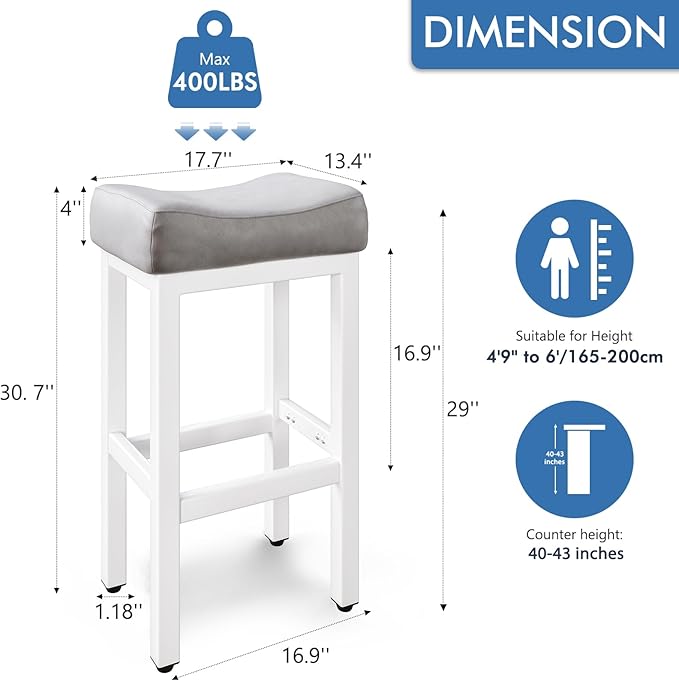 29 Inch Bar Height Bar Stools Set of 2, 29" Barstools for Kitchen Island Counter, Backless Bonded Leather Bar Height Stools with Thick Saddle Seats & Heavy Duty Metal Base, Easy Assembly, Gray/White