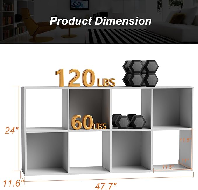 Sweetcrispy 8 Cube Storage Organizer - Open Cube Bookshelf with 4 Removable Back Panels, Display Storage Bookcase for Living Room, Bedroom, Entrance Hall, Home Office，47.7" L×11.6" W×24" H, White