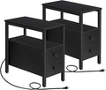 HOOBRO Set of 2 End Tables with Charging Station, Narrow Side Table with Drawers & USB Ports & Power Outlets, Nightstand for Small Spaces, Living Room, Stable and Sturdy, Black BK541BZP201