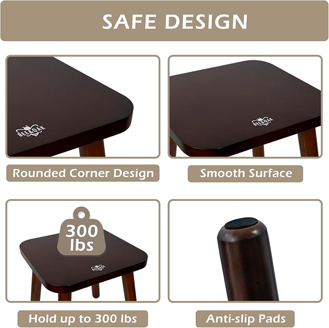 BEE&OAK Wooden Step Stools for Adults, Solid Rubber Wood Non-Slip Step Foot Stool, Heavy Duty 300 lbs One Step Stool for Bedroom, Bathroom, Kitchen,Outdoor (Dark-Walnut, 11" (D) x 11"(W) x 11.8"(H))
