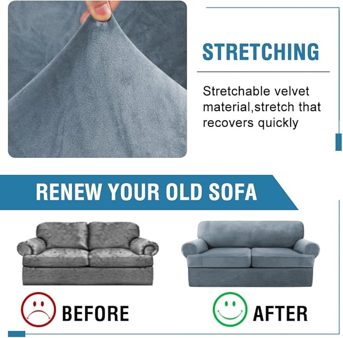 H.VERSAILTEX Sofa Cover 3 Piece T Cushion Loveseat Slipcovers Thick Velvet Couch Cover Stretch T Cushion Sofa Covers for 2 Cushion Couch with 2 Individual T Cushion Covers Washable, Stone Blue