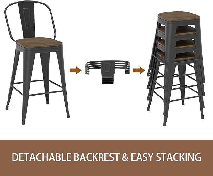 30” Swivel Bar Stools Set of 4, Counter Height Bar Stools Wooden Seat, Metal Industrial Bar Chairs with High Back for Kitchen Island (Black)