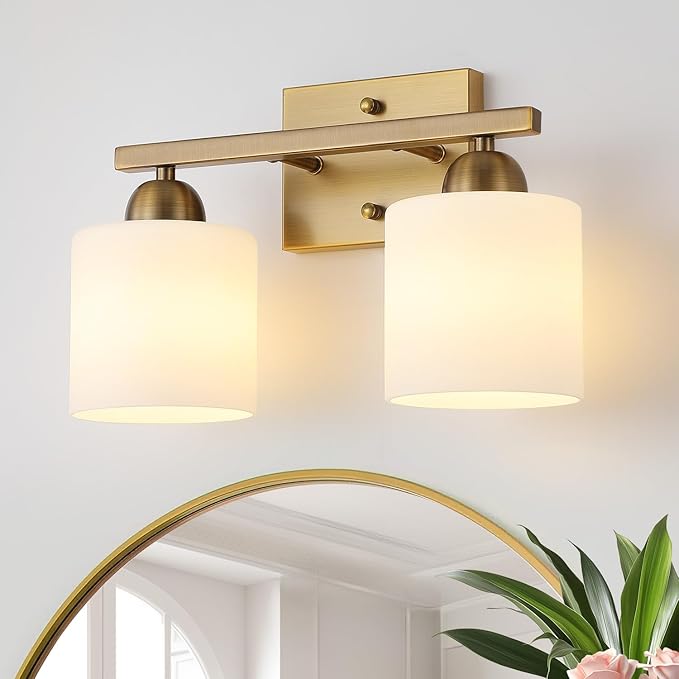 Stainless Steel Milk Glass Vanity Lights for Bathroom, 2 Light Brass Bathroom Light Fixtures Over Mirror, Ceramic E26 Sockets Wall Mounted