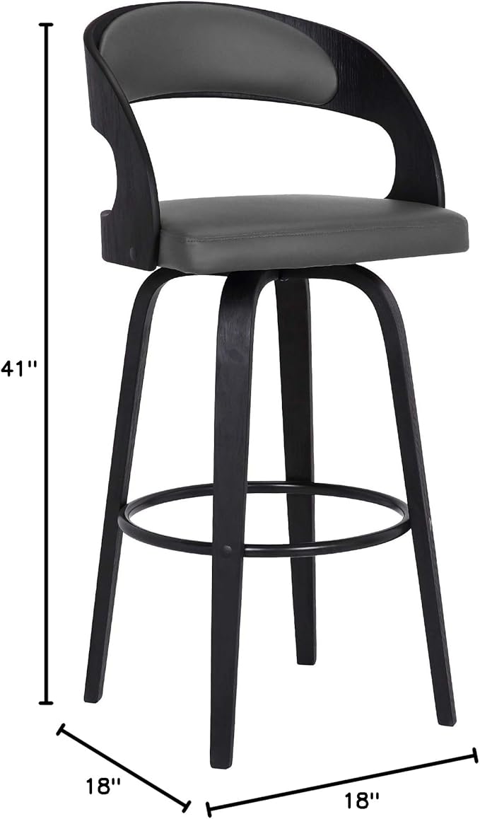 Armen Living Shelly 30" Bar Height Swivel Gray Faux Leather and Black Wood Bar Stool - Set of 3