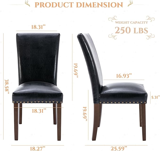 Parsons Dining Chairs Set of 6, Upholstered Nailhead PU Leather Dining Room Kitchen Side Chair with Thick Cushions and Wood Legs, Black