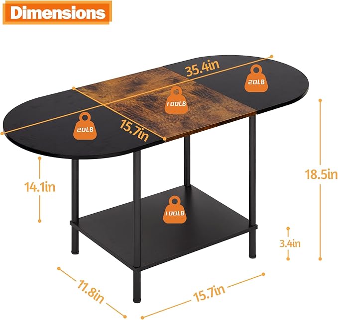 Coffee Tables for Living Room,2-Tier Small Oval Center Table Industrial Modern Style Coffee Tables with Storage Shelf and Wood Tabletop for Small Space,Home Office,Brown & Black