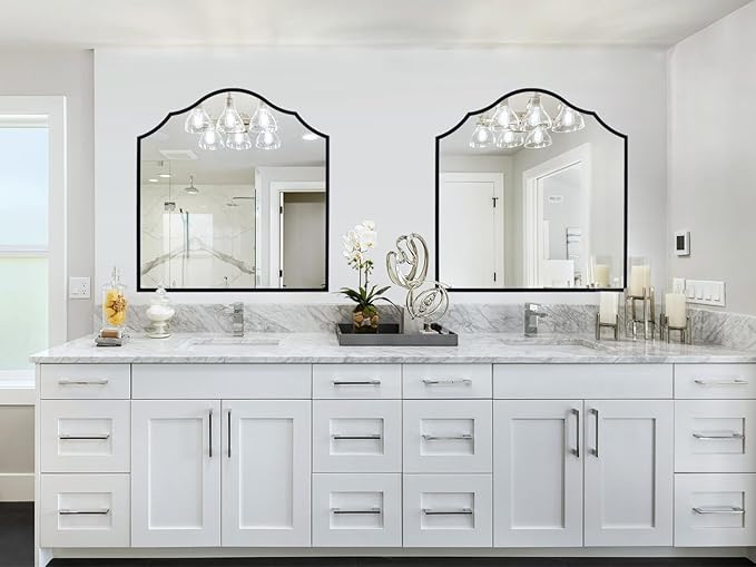 32"x30" Vanity Mirror for Wall, with Black Arched Decorative Metal Frame, Scalloped Entryway Mirror for Bedroom, Bathroom, Living Room