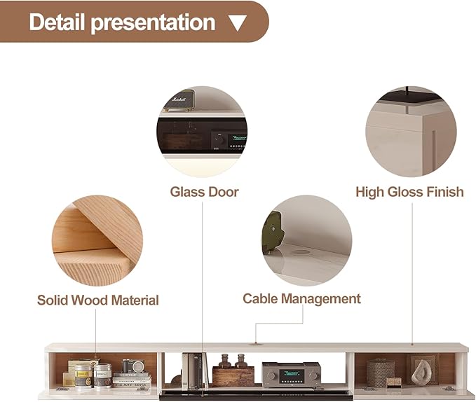 High Gloss Floating TV Stand,94'' Wall Mounted TV Console,Under TV Floating Shelf,Floating TV Cabinet with 3 Doors for Bedroom Living Room,White