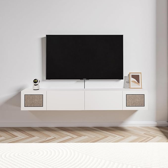 Pmnianhua Boho Floating TV Stand 55", Modern Wall Mounted Media Console with Cotton-Rayon Doors for Under TV Shelf,Entertainment Center,Living Room,Bedroom(White)