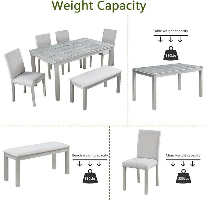 KEIKI 6-Piece Standard Height Dining Table Set with Rectangular Table, 4 Upholstered Chair, Bench, for 6 Person, Crystal Decoration Table Set, Easy Assembly, for Kitchen, Dining Room, Silver Grey