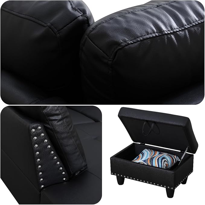 Modern Living Room Furniture Sets with Cup Holder, Modular Sectional Couches with Chaise Lounge, 4-Seaters L Shape Sofa with Storage Ottoman, for Living Room, Faux Leather, Black