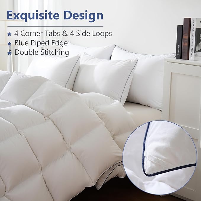 DOWNCOOL Feather Comforter King Size, White Fluffy Duvet Insert King with Ultra Soft 100% Cotton Cover, All Season Luxurious Hotel Bed Comforter with Corner Tabs, 106"x90"