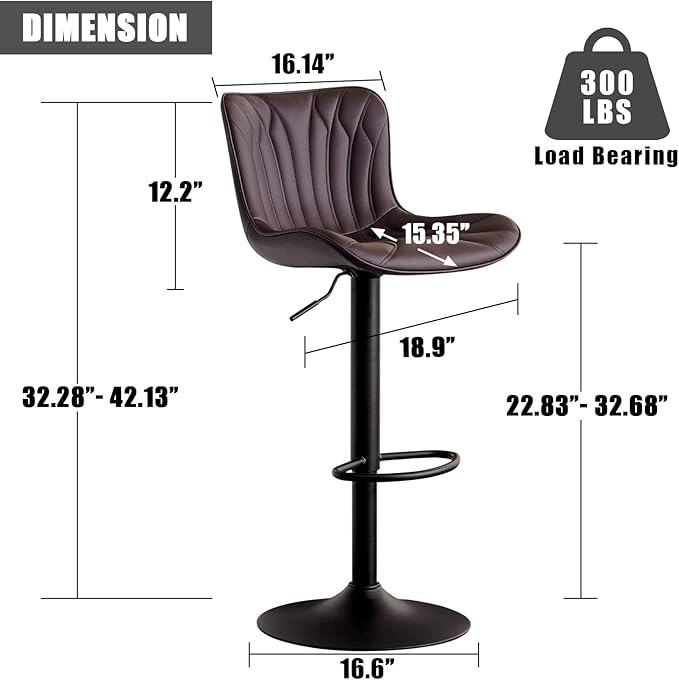 YOUNIKE Brown Bar Stools Set of 2 Modern Swivel Counter Height Bar Chair with High Back Adjustable Kitchen Faux Leather Padded Barstools Tall Breakfast Island Chairs Upholstered
