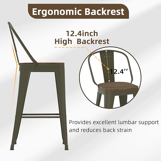 24” Swivel Bar Stools Set of 4, Counter Height Bar Stools Wooden Seat, Metal Industrial Bar Chairs with High Back for Kitchen Island (Rusty)