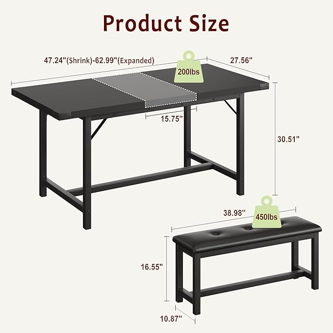 Dining Table Set for 4-6, 63“ Large Extendable Kitchen Table Set, Wood Rectangle Kitchen Table with 2 Soft Benches for Small Space, Apartment, Dinner,Black