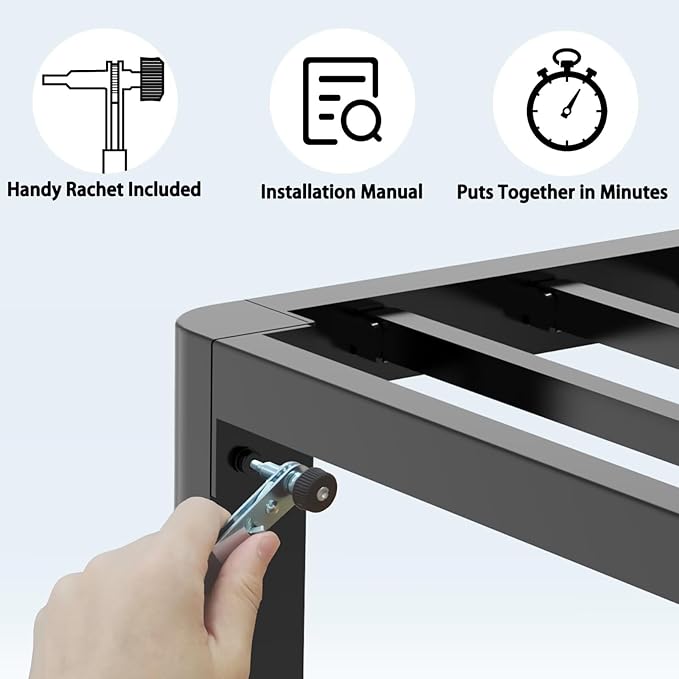 FUIOBYVV 18 Inch Full Bed Frame with Rounded Corner and Headboard Hole Mattress Retainers 3500 LBS Metal Heavy Duty Steel Slats Support No Box Spring Needed Platform Noise Free Easy Assembly