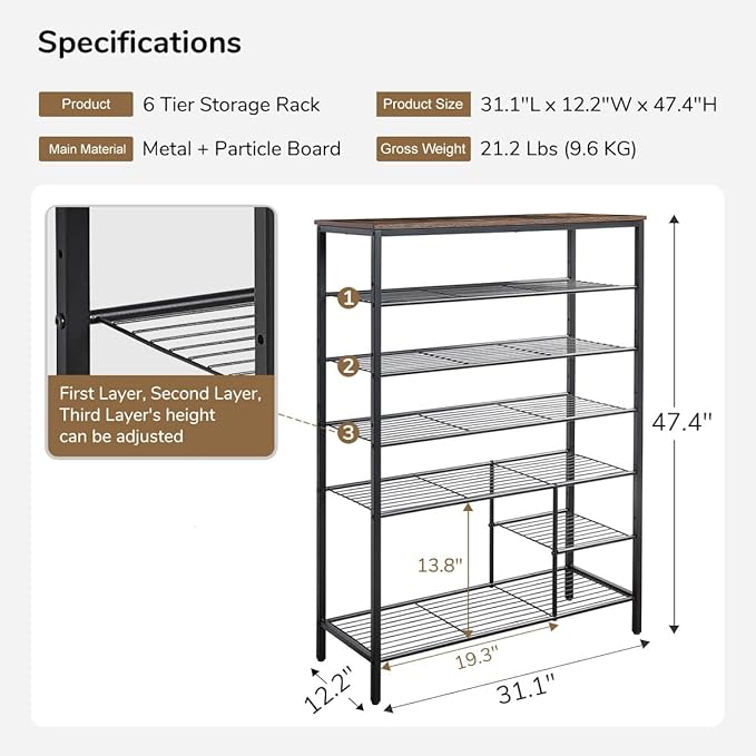 6 Tier Shoe Rack Organizer, Metal Mesh Shoe Storage Shelf, Storage Boots .for Entryway, Closet,Hallway, Bedroom,Cloakroom,Garage, Industrial,Rustic Brown