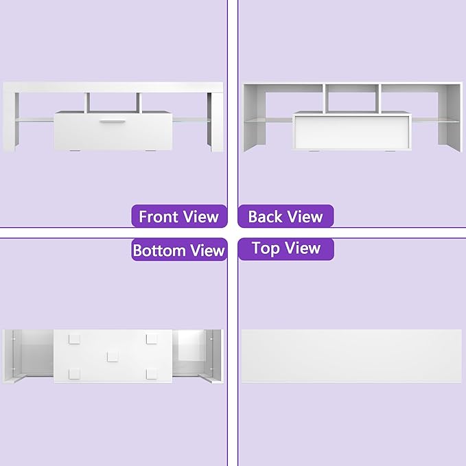 Clikuutory Modern Lighting 51 inch TV Stand with Large Storage Drawer for 32 40 50 55 Inch TVs, TV Console with 20 Color LED Lights, Entertainment Center Media and Open Shelf for Bedroom, White