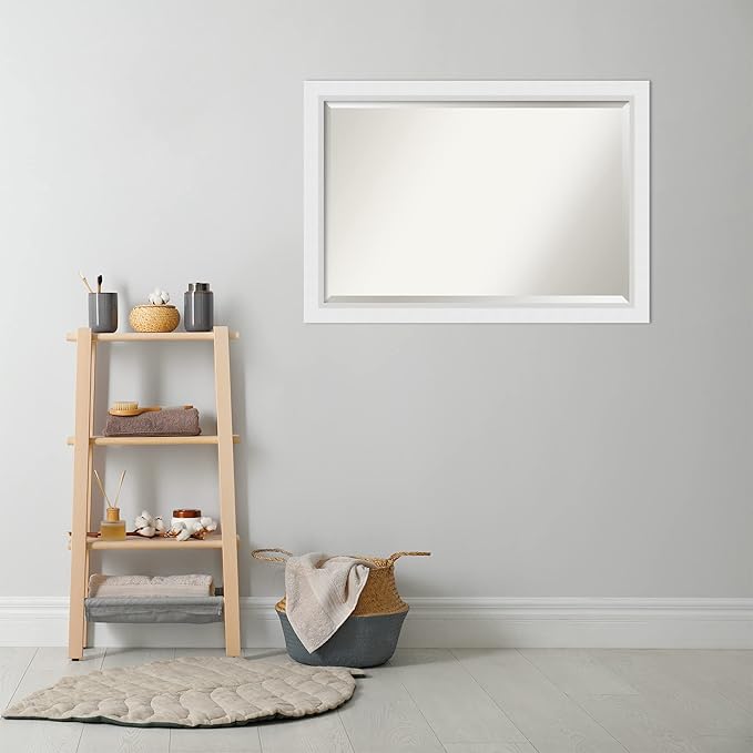 Amanti Art White Bathroom Mirror for Over Sink, 28x40 Blanco White Rectangle Vanity Mirror, Large Modern Contemporary Wood Frame, Hangs Horizonally and Vertically, Bathroom Wall Decor, Beveled Edge