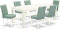 East West Furniture LGAS7-LWH-43 7 Piece Dining Set Contain A Mid Century Table and 6 Willow Green Polyester Fabric Mid Century Modern Dining Chairs, Linen White