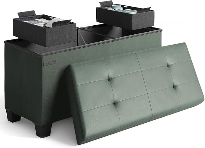 STORAGEBUD Storage Ottoman Bench with Bins, 30-in Storage Bench for Bedroom End of Bed, Folding Foot Rest Ottoman for Living Room Max 660lbs, Faux Leather Ottomans, Green