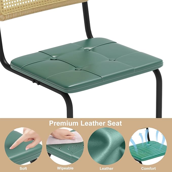 Heavy Duty Rattan Dining Chairs, Modern Dining Room Chairs with Solid Wood Back for Kitchen Living Room, High-end and Durable with Rattan Weaving, Upholstered Faux Leather Green
