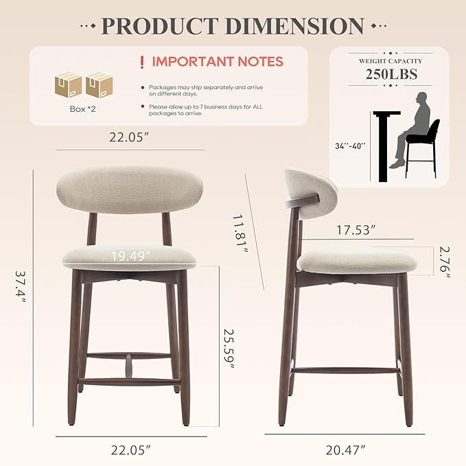 COLAMY Counter Height Bar Stools Set of 4, Kitchen Bar Stools with Back, Mid Century Modern Upholstered Bar Stools with Wood Legs for Kitchen Island Dining Room Bar, Beige