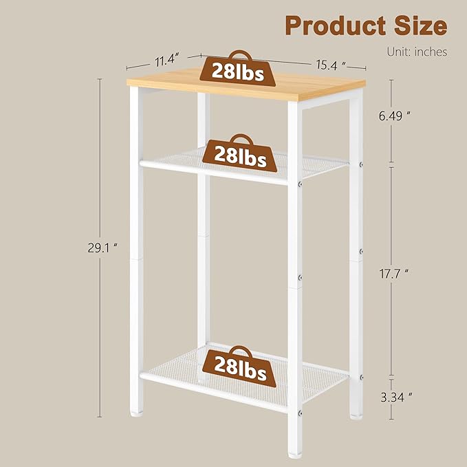 Hoctieon 2-Set 3 Tier End Table, Telephone Table Set of 2, Tall Side Table with Storage Set of 2, Small Nightstand for Small Spaces, Metal Frame, White and Yellow Oak
