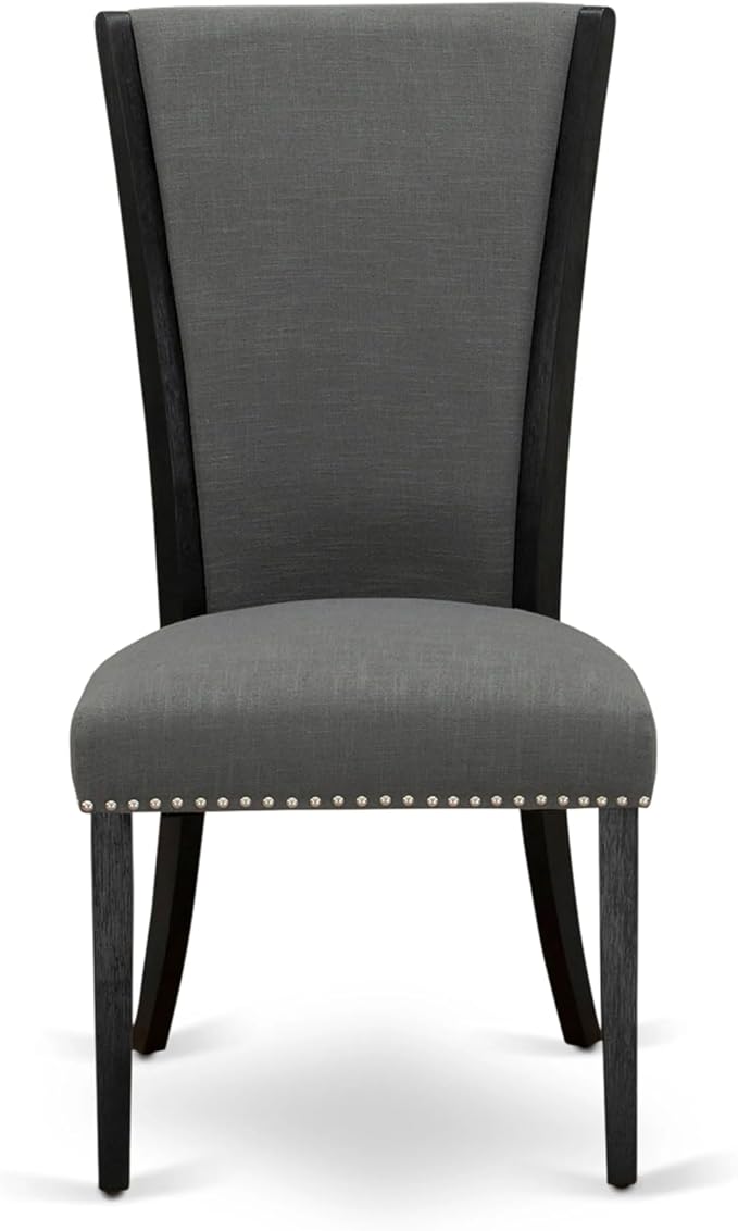 X07VE-BC6-50 - 10-Pc Dining Table Set a Kitchen Table with a coffee Table and wooden Bench & 7 Dark Gotham Grey Linen Fabric Dinner Chair, 39x120 Inch, Wire Brushed Black