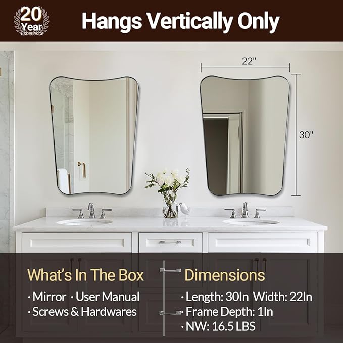 ANDY STAR Brushed Nickel Bathroom Mirror, 22x30 Silver Metal Framed Mirrors for Bathroom, Irregular Wall Mirror in Anti-Rust Stainless Steel Frame, Unique Shape Frame Ideal for Home Remodel