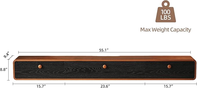 Minimalist 55'' Floating TV Stand with 3 Doors,Solid Wood Wall Mounted TV Console,Floating Entertainment Center with Hidden Storage,Curved Round Edges,Natural Wood Finish(Walnut)