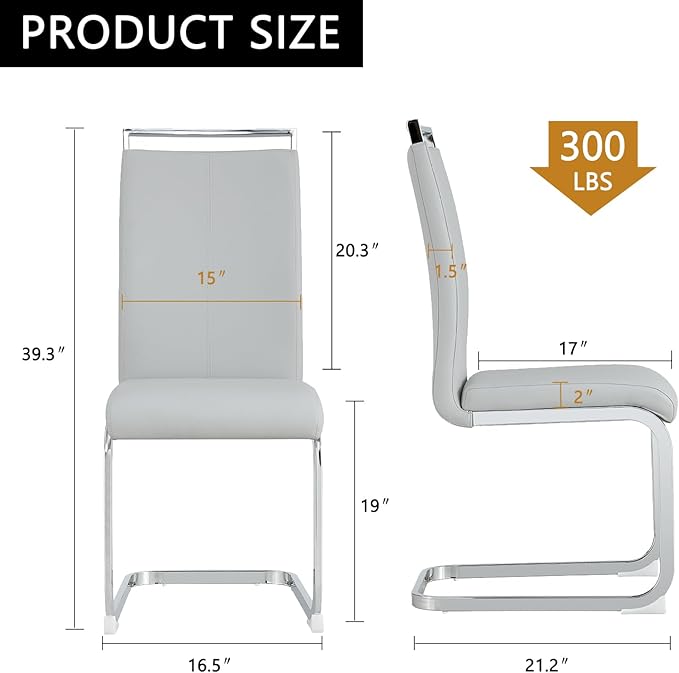 Dining Chairs Set, Kitchen Modern Metal Chairs with Faux Leather Padded Seat High Back and Sturdy Chrome Legs, Chairs for Dining Room (Light Gray, Set of 2)