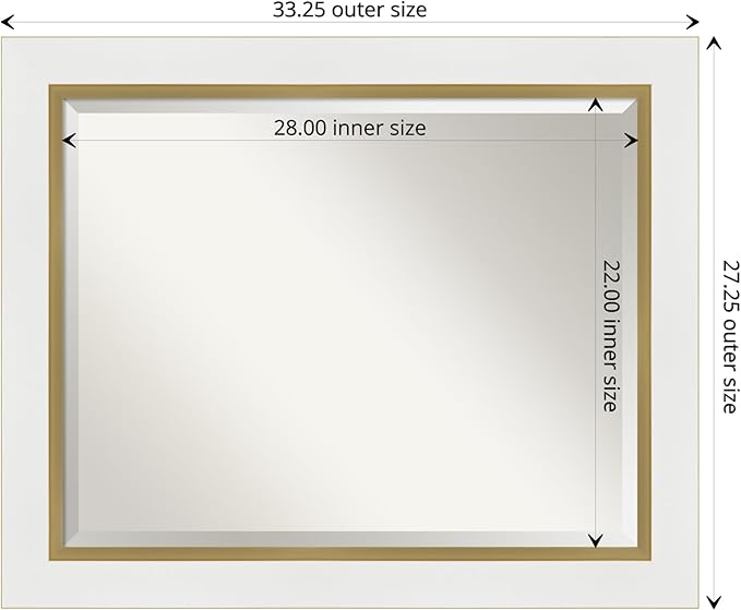 Amanti Art White Bathroom Mirror for Over Sink, 27x33 Eva White Gold Rectangle Vanity Mirror, Large Modern Contemporary Frame, Hangs Horizonally and Vertically, Bathroom Wall Decor, Beveled Edge