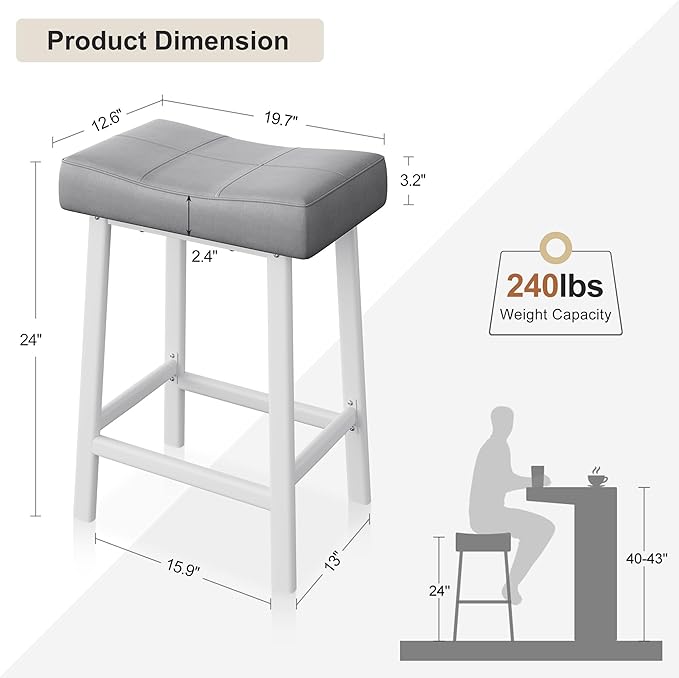 GarveeHome Counter Height Bar Stools Set of 4, 24 Inch Barstools for Kitchen Island Counter, Upholstered Padded Saddle Chairs with Curved Cushion, Easy Assembly, Grey