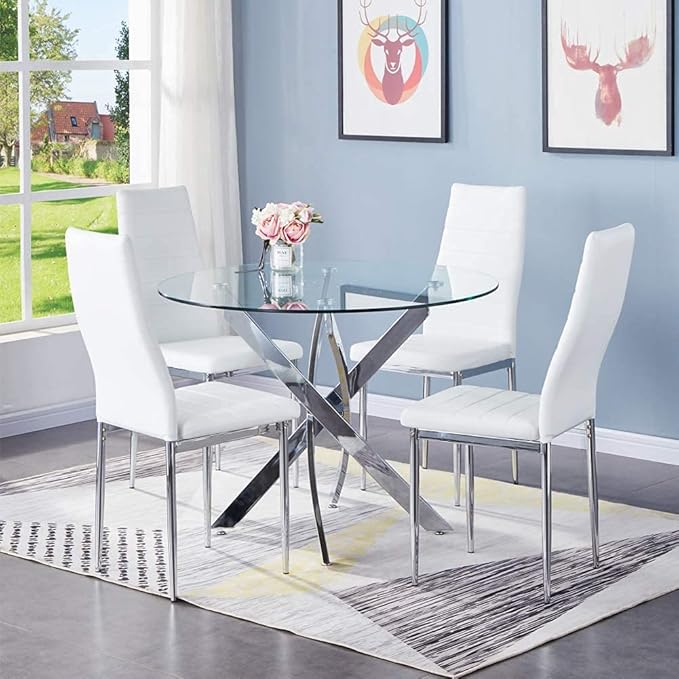 Round Tempered Glass Dining Table for 2-4 with Chromed Legs, 35.5 in Modern Small Kitchen Table for Kitchen Dining Room (White/Silver)