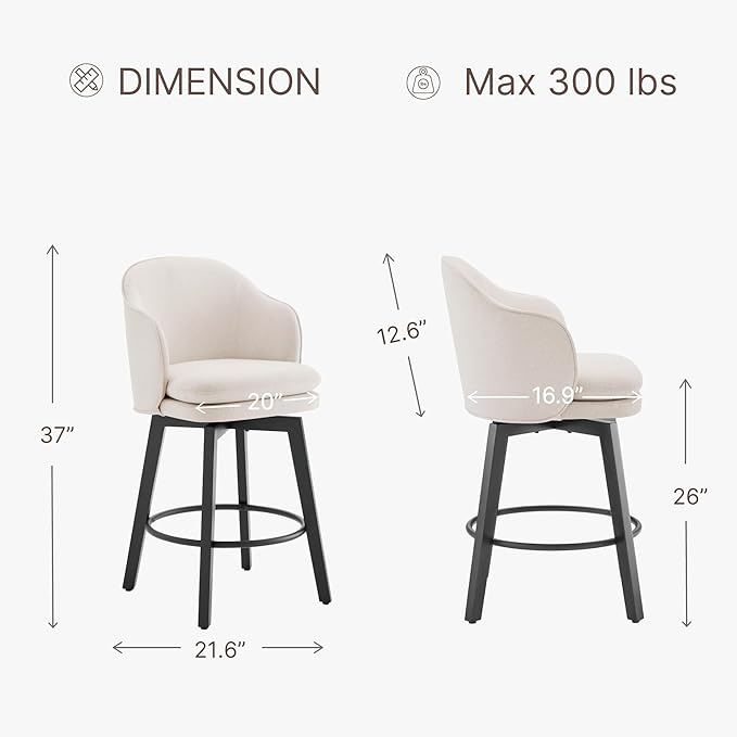 Counter Height Barstools 26 inch Upholstered Swivel Bar Stools with Back and Wood Legs for Kitchen Island,Set of 2,Beige Fabric