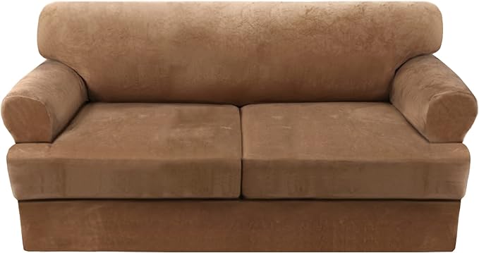 H.VERSAILTEX Sofa Cover 3 Piece T Cushion Sofa Slipcovers Thick Velvet Couch Cover Furniture Protector Stretch T Cushion Sofa Covers for 2 Cushion Couch with 2 Individual T Cushion Covers, Camel
