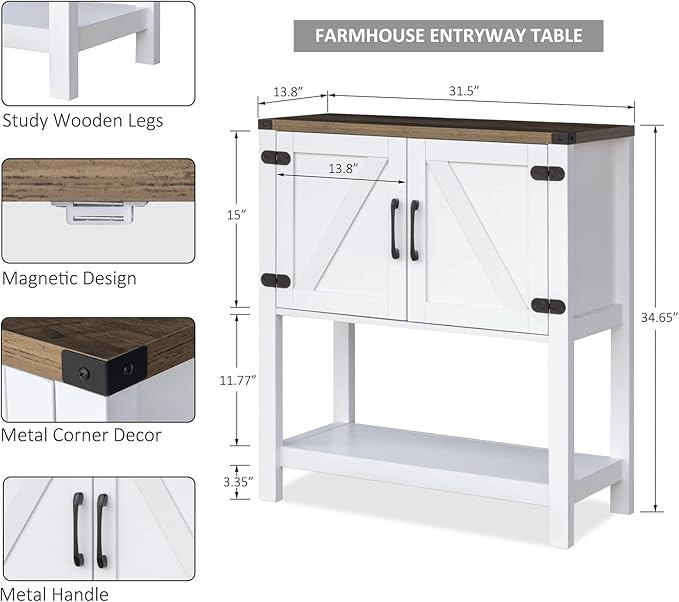 Console Table Coffee Bar Cabinet Sofa Table,31.5 L x 13.8 D x 34.65 H,Entryway Table with 2 Storage Cabinets, Farmhouse Buffet Sideboard for Kitchen, Foyer,Hallway (White)