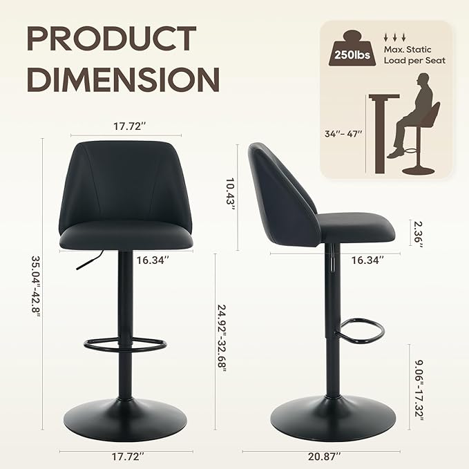 COLAMY Bar Stools Set of 3, Modern Swivel Bar Chairs, Adjustable PU Leather Upholstered Barstools Counter Height with Full Backrest for Bar, Dining Room, Kitchen Island, Black