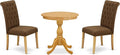 East West Furniture ESBR3-OAK-18 3 Piece Kitchen Table & Chairs Set Contains a Round Dining Room Table with Pedestal and 2 Brown Linen Linen Fabric Parsons Chairs, 30x30 Inch, Oak