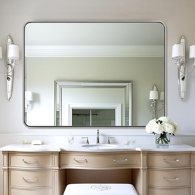 ANDY STAR 48x36 Inch Chrome Mirrors for Bathroom, Chrome Bathroom Vanity Mirror, Rounded Rectangle Mirror, Anti-Rust SUS304, Seamless Tube Metal Frame, 1’’ Deep Wall Mounted Vertically/Horizontal